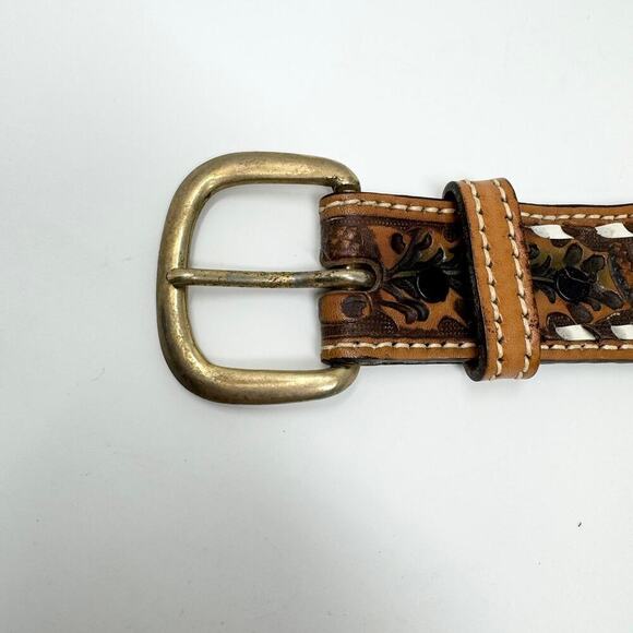 Tory Full Grain Cowhide Brown Leather Tooled Acorn Oak Leaf Laced Belt Size 30 - Picture 6 of 12